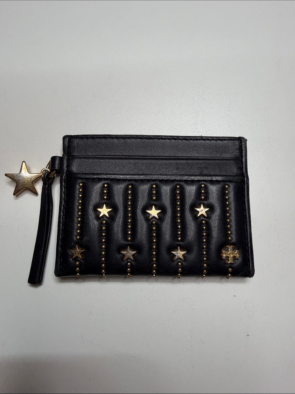 Tory Burch Black Leather Card Sleeve with Gold Studs and Logo